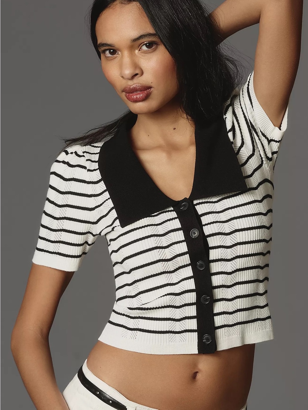 Anthropologie Maeve Short-Sleeve Collared Slim Cardigan Sweater